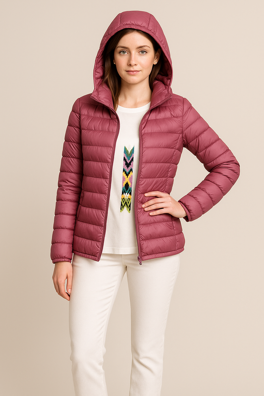 Women’s Tailored Quilted Down Jacket with Hood – Hip-Length Lightweight Design