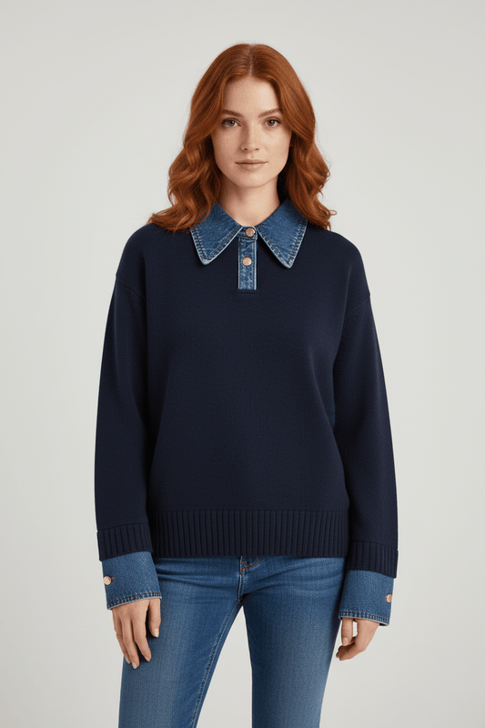 Women’s Relaxed Fit Knit Jumper with Denim Collar and Cuffs