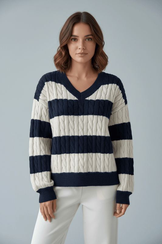 Women’s Oversized Cable Knit V-Neck Jumper with Striped Detailing